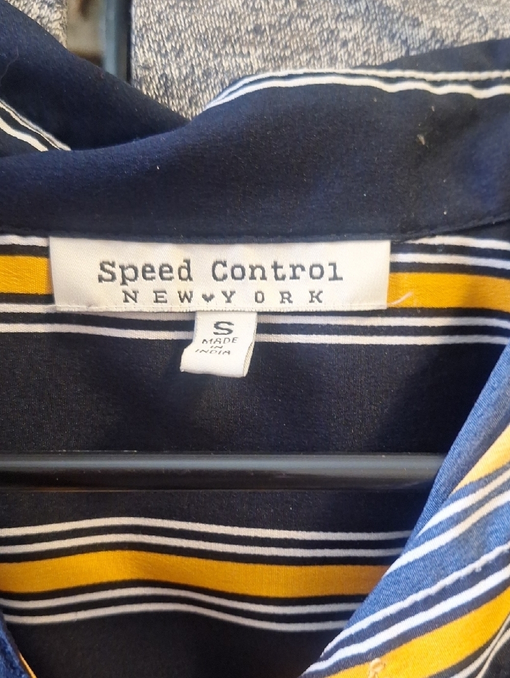 Speed Control Navy Stripe Button-Front Shirt Dress with Yellow Accents - Picture 3 of 9
